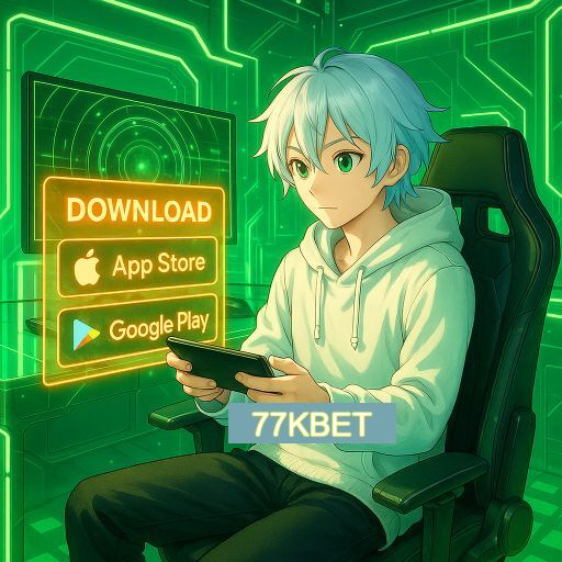 Imagem promocional do app oficial 77KBET destacando a conveniência de jogar cassino online pelo celular ou navegador