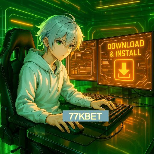 Imagem promocional do app oficial 77KBET destacando a conveniência de jogar cassino online pelo celular ou navegador